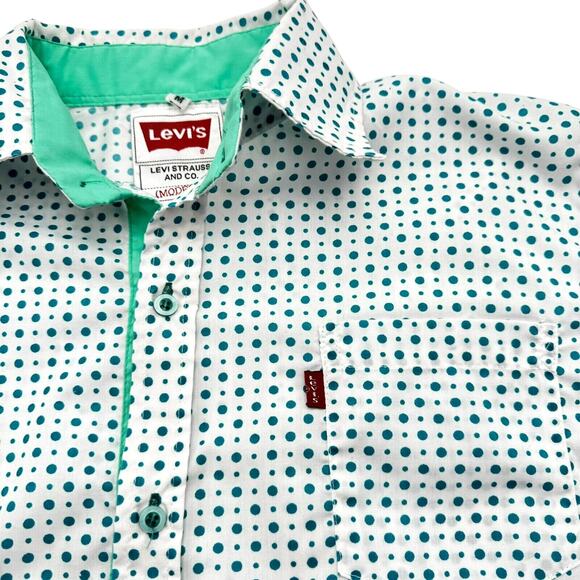 LEVI'S Mens Medium Modern Long Sleeve White Teal Polka Dot Button Up Dress Shirt - Picture 1 of 7